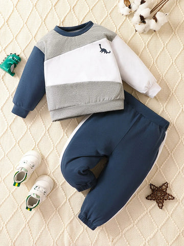2-piece Newborn BabySpring and Autumn Boy Splicing Color Contrast Long Sleeves and Pants Leisure Outdoor Sports Suit Breathabl