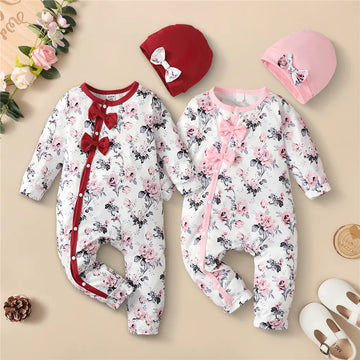 0-18 Months Newborn Baby Girl Romper Clothes Long Sleeve Flower Bodysuit Costume Lovely Baby Spring Jumpsuit Outfit with Hat