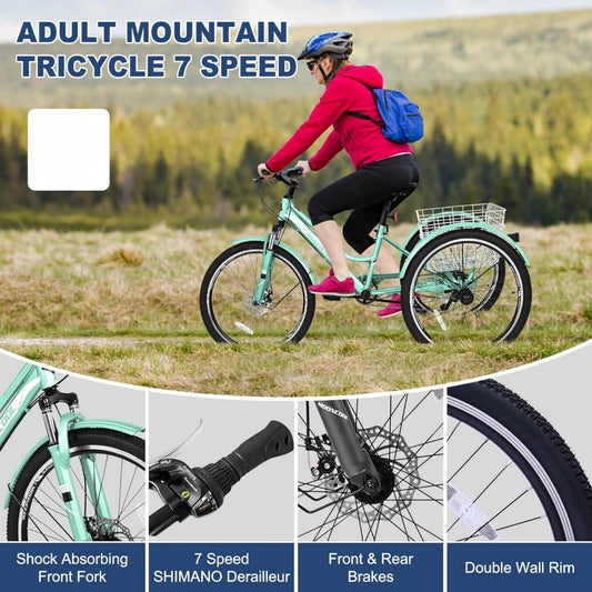 Adult Mountain Bike, 7 Speed Three Wheel Bike Mountain Tricycle Cruiser Trike, 26 Inch Adults Trikes with Shopping Basket