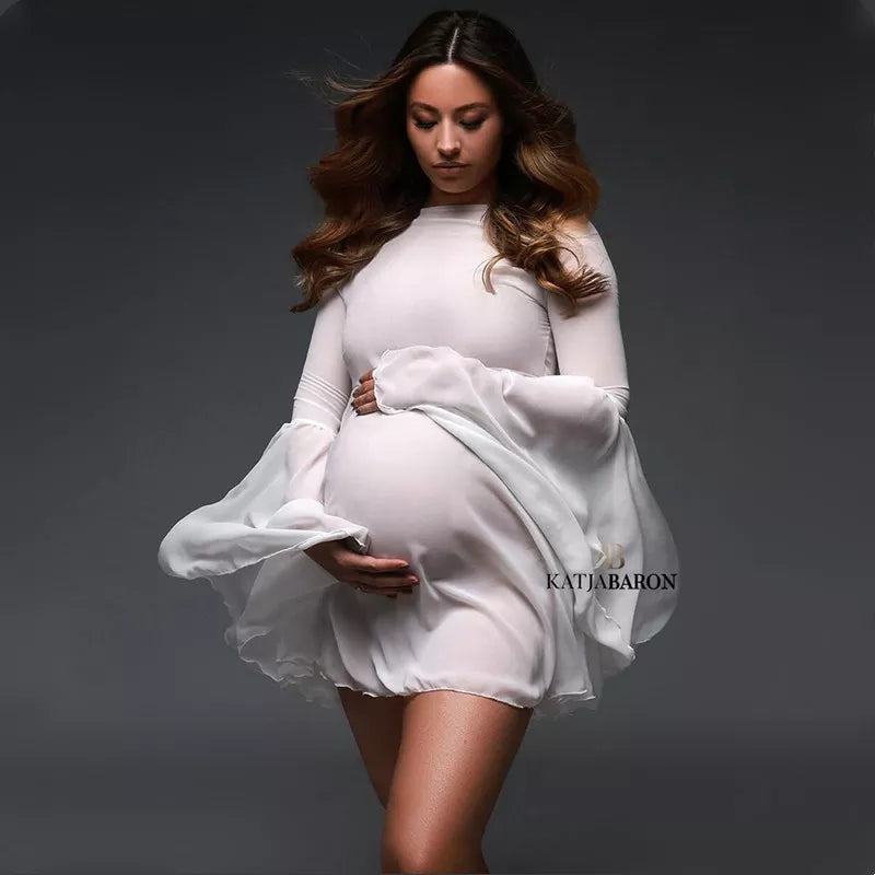 White Chiffon Summer Maternity Photography Props Short Dress Flare Sleeve See Through Pregnancy Photo Shoot Short Dress