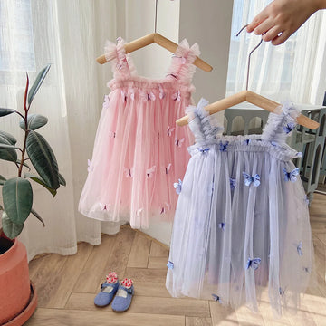 2024 New Summer Baby Girl Dress 3D Butterfly Tulle Tutu Princess Dress Birthday Party Strap Dress for Toddler Kids Clothes 1-5Y
