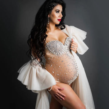 Maternity Photography Sexy Goddess V Neck Rhinestones Pearls Luxurious Stretch Jumpsuits Dress For Photo Shoot Props