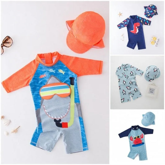 2023 baby boy swimwear with cap suit surfing Wear Shark swimming suit infant toddler kids children Sunscreen beach bathing Suit