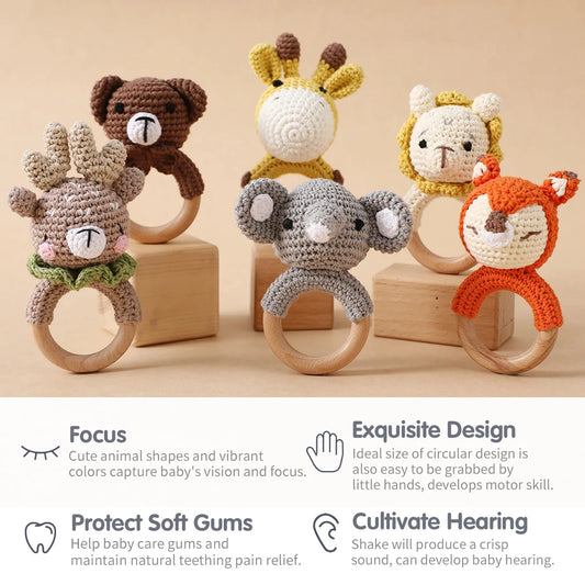 1pc Baby Teether Music Rattles for Kids Animal Crochet Rattle Elephant Giraffe Ring Wooden Babies Gym Montessori Children's Toys