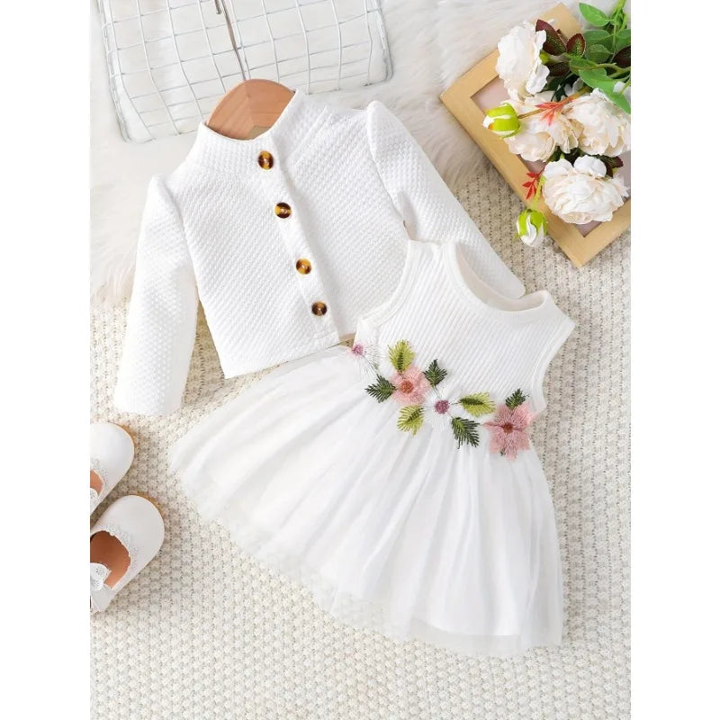 Baby Girls Clothes Top and Dress Spring and Winter Outfit Appliqué Princess Dress + Long Sleeve Jacket Baby Set 5-day Shipping