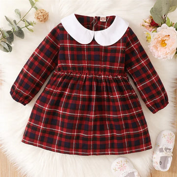 3-24 Months Baby Girl Doll Neck Red Plaid Long Sleeved Dress Toddler Girl Fashion Autumn&Winter Skirt Christmas Clothes