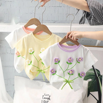 Kids Girls Flower T-shirts 2022 New Arrival Children Summer Floral Cotton Tops Baby Girls Cute Clothes Baby Girls Purple Tops