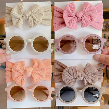 2 Pcs/Set New Children Solid Color Cotton Bowknot Wide Hairband Round Sunglasses Set Baby Girls Sunglasses Kids Hair Accessories