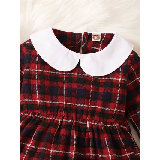 3-24 Months Baby Girl Doll Neck Red Plaid Long Sleeved Dress Toddler Girl Fashion Autumn&Winter Skirt Christmas Clothes