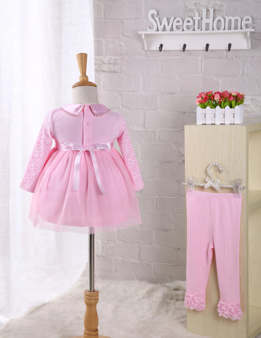 2024 spring autumn Baby girl long sleeve party cotton tulle Dress Baby autumn 1 year Birthday cotton lace Dress with pants