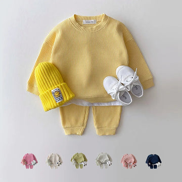 2024 Korea Toddler Baby Clothing Sets For Infant Baby Boys Clothes Set Mock Two-piece Waffle Cotton Sweatshirt+Pants 2pcs Outfit