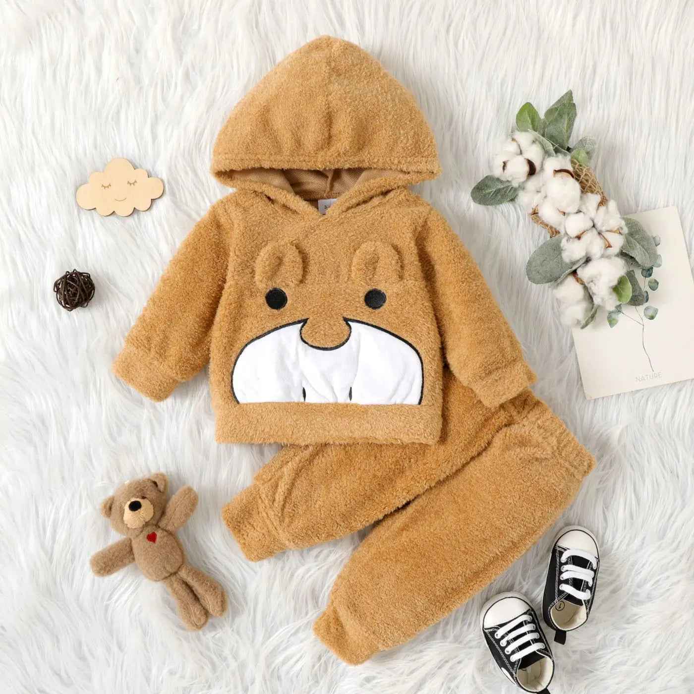 2023 Infant Unisex Boys and Girls Cartoon Brown Plush Bear Embroidered Hooded Long Sleeve Top Plus Pants Two Piece Set