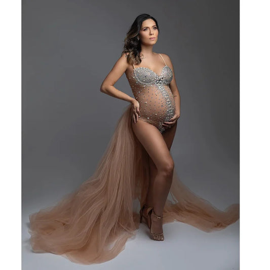 Fashion Tull Pearl Stretch Bodysuit Pregnancy Photography Slip Rhinestones Jumpsuits Maternity Dress for Women Photo Shoot Prop