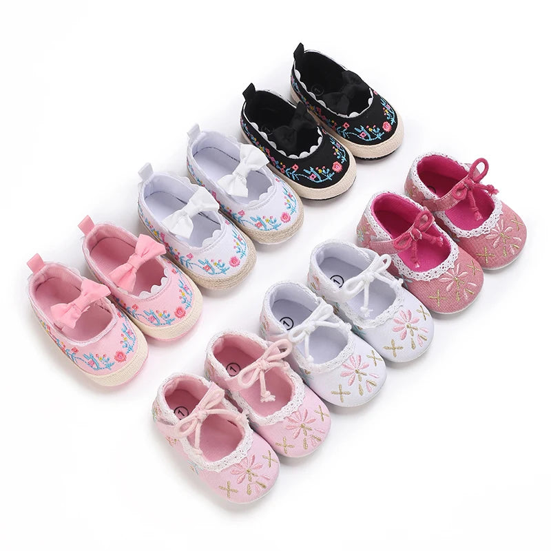 0-18M Newborn Baby Girl Cute Casual Shoes Flat Shoes Flower Printed Hook Soft Cotton Soft Sole Baby Shoes Walking Shoes