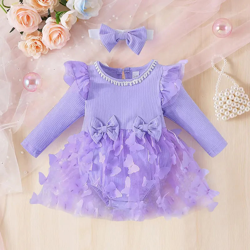 0-18M Baby Dress With Headband Long Sleeve Purple Flower Dress Infant Party Dresses Bow Floral Mesh for Newborn Birthday Party