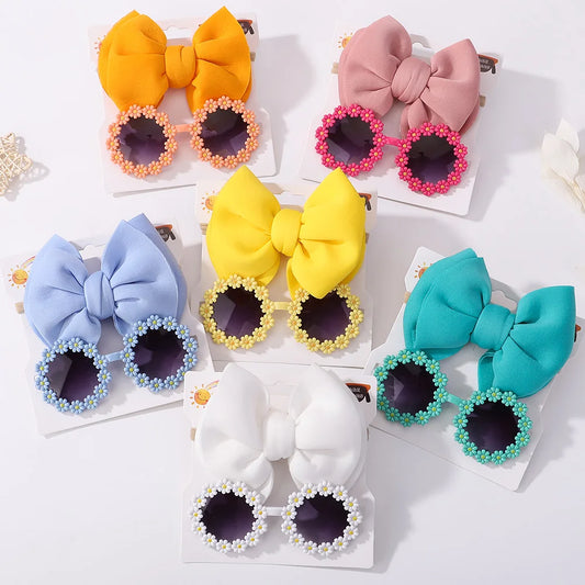 Fashion Baby Hair Glasses Accessories Set Nylon Bows Headband for Newborn Girl Lovely Hairclips Babe Sunglasses Headwear Sets