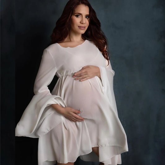 Maternity Clothing For Photo Shooting Sexy Soft Translucent White Chiffon Flare Sleeves Short Dress Photography Dress For Women
