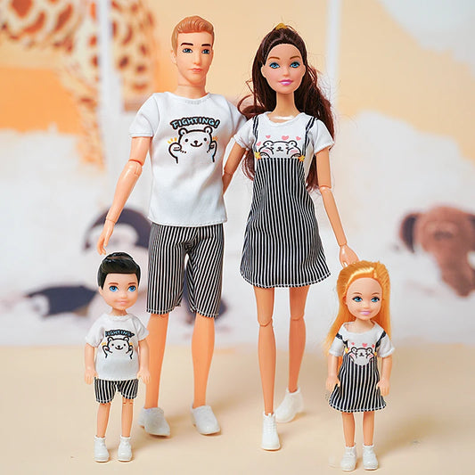 30cm Family Doll Mom Dad Ken and Kids 4 Dolls Set Play House Toy 1/6 Doll Toy for Girls Boys Birthday Gift