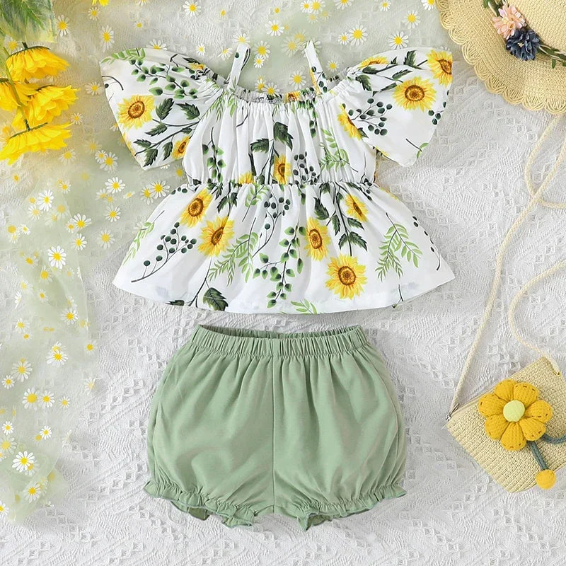 2Pcs/Set For Newborn Baby Girl 0-12months Floral Casual Suspenders Shirt Tops and Shorts Clothing Outfit Infant Clothes Suit