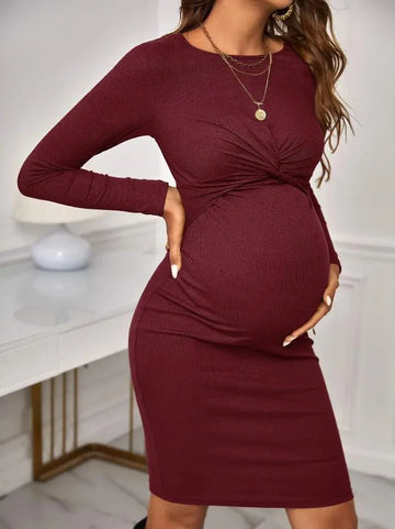 Knit Maternity Dress For Pregnant Long Sleeve Women's Autumn Winter Dress Solid Color Casual Pregnancy Clothes Maternal Clothing