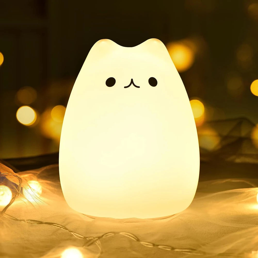 Cute Cat Night Light 7 Colors Silicone Nursery Cat Lamp for Kids Tap Control Energy Saving LED Lamp Cute Gifts for Girls Boys