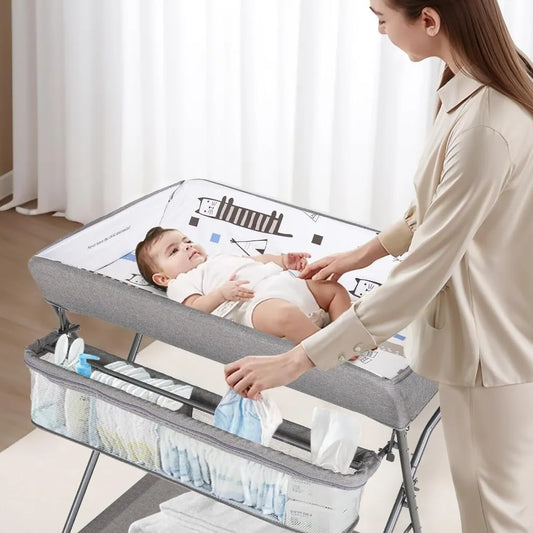 Baby Changing Table with Wheels,Portable Adjustable Height Folding Diaper Station with Nursery Organizer & Storage Rack