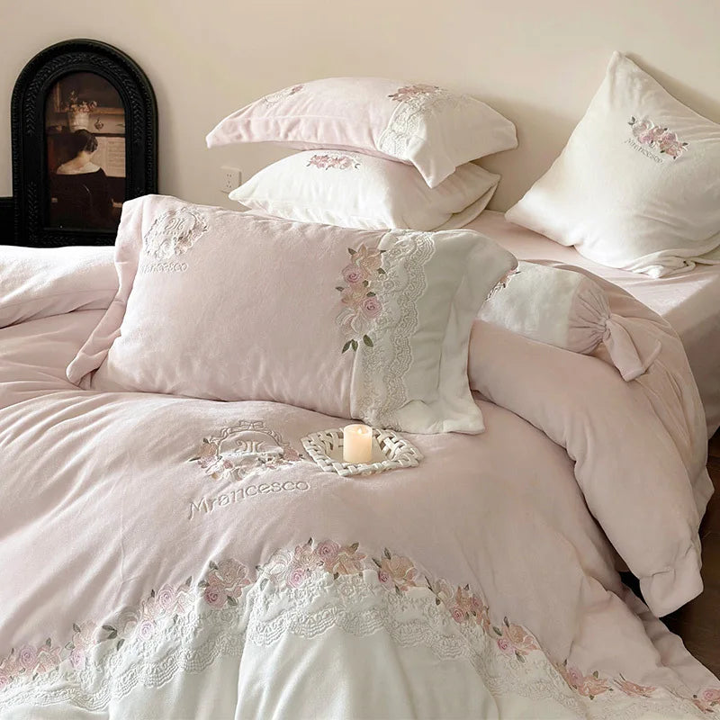 Girl's Heart Flower Embroidery Warm Milk Plush Duvet Cover Winter Double Sided Bed Sheet Bedding Supplies