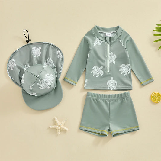 VISgogo 3Pcs Toddler Boys Rash Guard Swimsuit Set Long Sleeve Turtle Print T-shirt with Shorts and Hat Swimwear