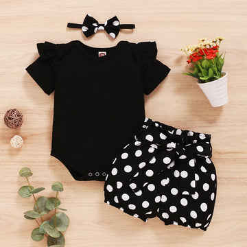 0-18Months Infants Baby Girl Set Black Short Sleeve Bodysuit + Polka Dot Shorts +Headband Newborn Baby Girl Summer Fashion 3Pcs