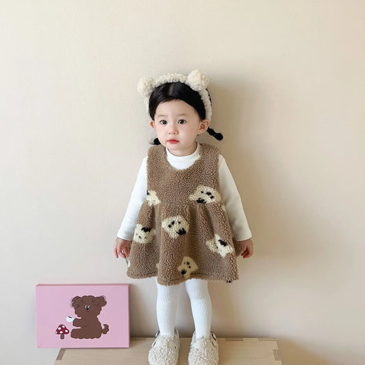 2023 Winter New Baby Girl Sleeveless Lamb Fleece Dress Kids Girls Warm Vest Dress Plus Velvet Thick Infant Princess Clothes