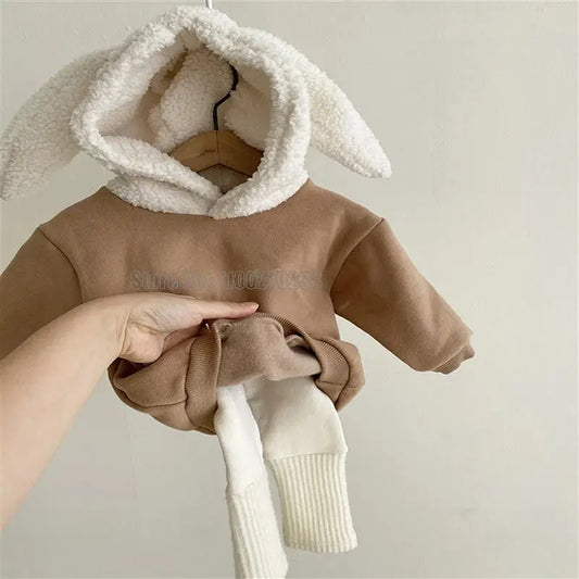 Autumn Winter New Baby Plus Fleece Rabbit Ears Children Girl Striped Long Sleeve Tops Kid Boy Cotton Bear Clothes