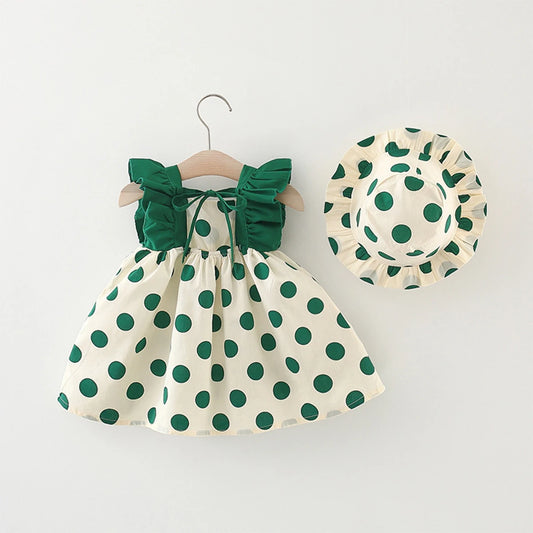 2-Piece Summer Baby Girl Cotton Dress And Hat With Hollowed Out Lace Polka Dot Sleeveless Korean Version Baby Dress