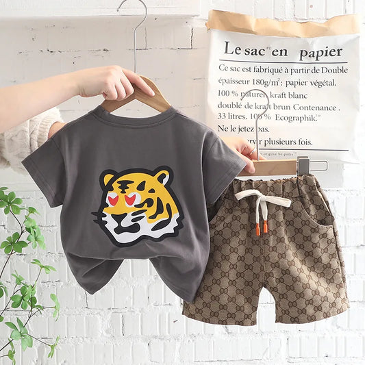 1 2 3 4 5 Years Summer Boys Clothing Set Tiger Pattern T-shirt + Grid Design Shorts 2Pcs Suit For Kids Casual Children Outfit