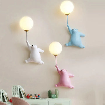 Nordic Modern Creative LED Teddy Bear Cartoon Wall Lamp for Children's Bedroom Bedside Blue White Pink Warm Cozy Background