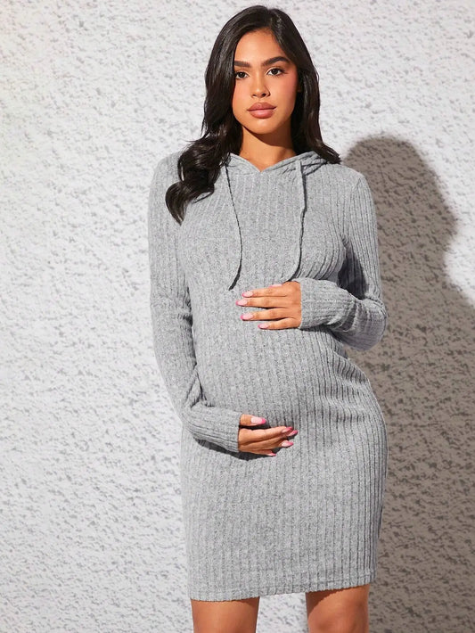 Women Maternity Autumn Ribbed Knit Dress Fashion Premama Long Sleeve Solid Hooded Midi Dresses Pregnant Slim Bodycorn Party Gown