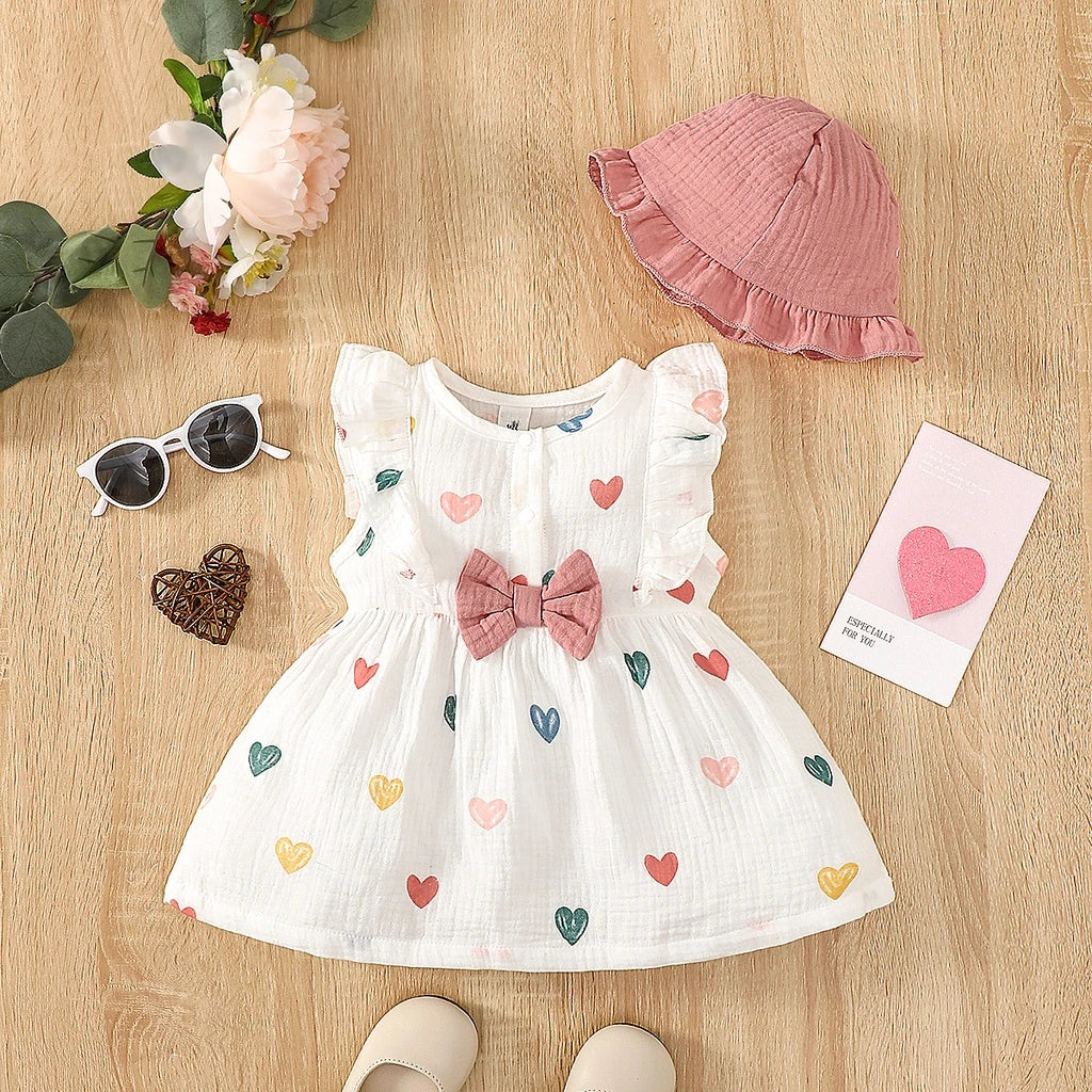 2PCS Dress Clothes Set Newborn Baby Girl Love Print Sleeveless Dress With Hat Summer Fashion Cute Wear for Infant Girl 0-9Months