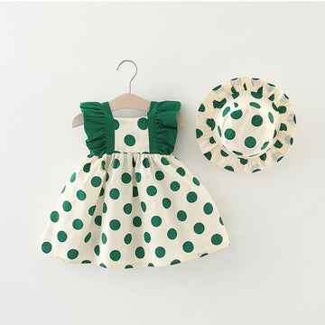 2-Piece Summer Baby Girl Cotton Dress And Hat With Hollowed Out Lace Polka Dot Sleeveless Korean Version Baby Dress
