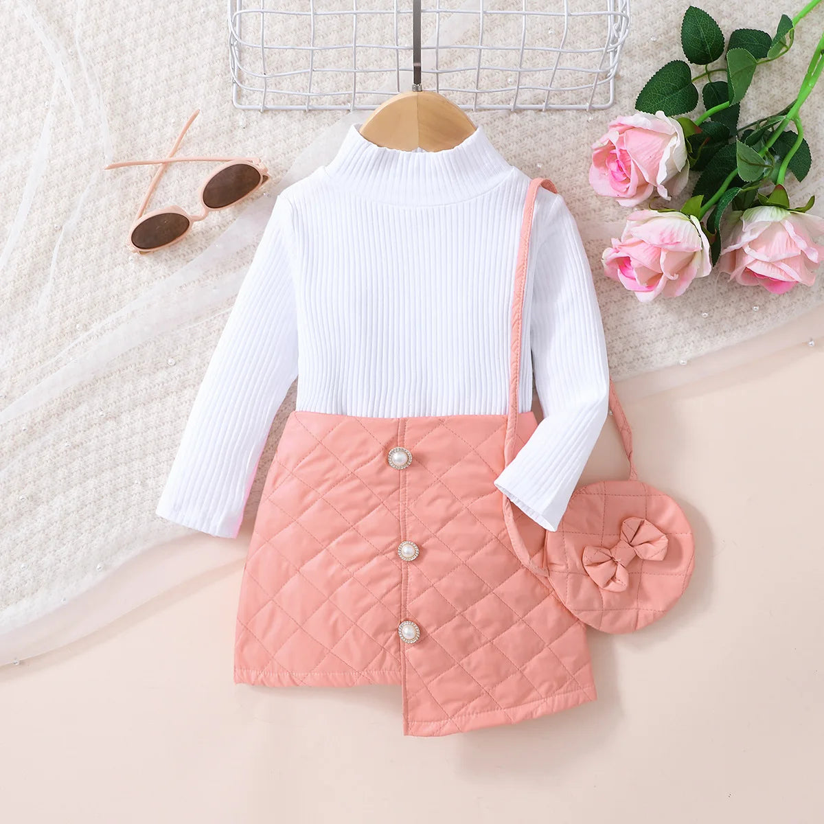 3pcs 1-5T 2023 Winter Girls Clothes Sets For Children White Top and Pink Puffy Skirts With Shoulder Bag Baby Kids Skirt Sets