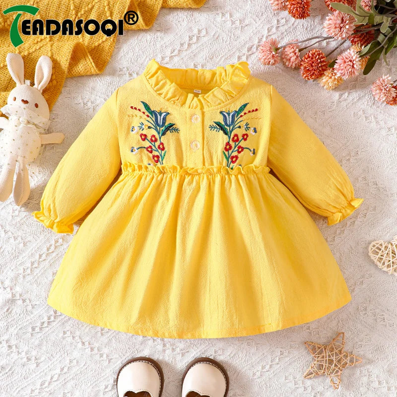 Autumn Winter Princess Girl Skirt For Kids Girls Dress Casual Long Sleeve Frilly Doll Neckline Button Embroidery Prints Dresses