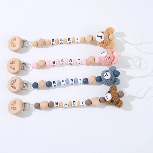 Beech Wood Baby Pacifier Clips Personalized Name Animal Felt Balls Nipple Holder Chain For Baby Care Teether Toy Anti-Lost Chain