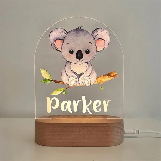 Personalized Koala Night Light Custom Name Baby Acrylic Lamp Wood Base Newborn Kid Christmas Gift Children Bedroom Deco Elephant