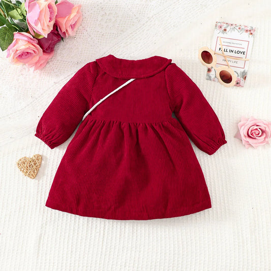 Autumn and winter baby girl cute lapel doll collar knitting wine red button Corduroy college style long sleeve dress+small backp