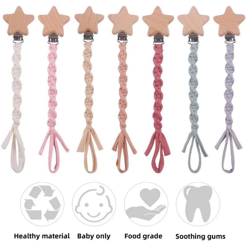 Baby Beech Wood Pentagram Pacifier Clip Handmade Woven Cotton Soother Nipple Chain For Baby Nursing Teether Chewing Toys Gift