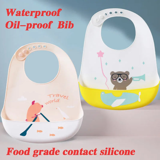 Cute Baby Bibs Waterproof Silicone Bib Infant Toddler Feeding Saliva Towel Cartoon Adjustable Children Apron with Pocket Scarf