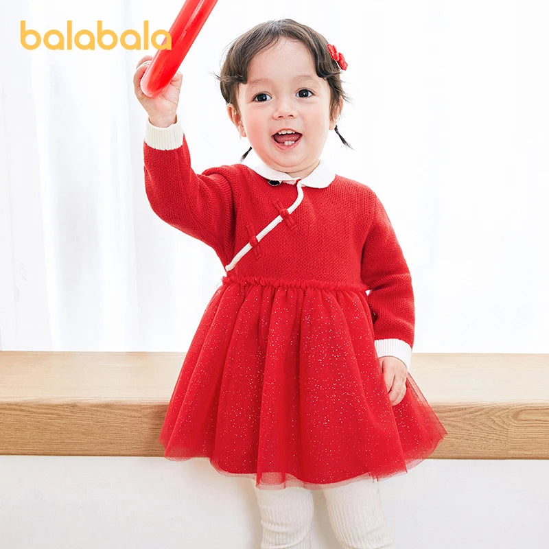 Balabala Infant Girl Dress One-Year-Old Dress New Year's Greeting Retro Sweet Fashionable Dress