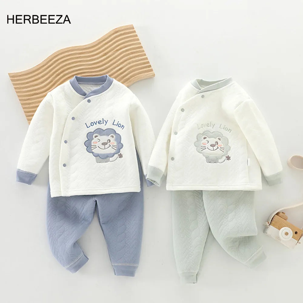Autumn And Winter keep warm Baby Costume Lion Printed Infant Bobysuit + Pant Set Kids Newborns Cute Long Sleeves Baby Clothing