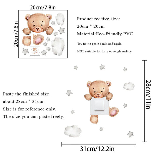 Cartoon Bear Star Switch Sticker For Kid Baby Room Bedroom Decoration Mural Self-adhesive Home Decor Wallpaper Cute Wall Decals