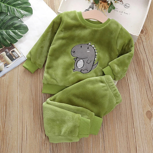Baby Boy Warm Dinosuar Clothing Set Winter Cartoon Pajamas Outfit for Girls Pleuche Sweater Pants 2pcs Kids Suit 1-6Y