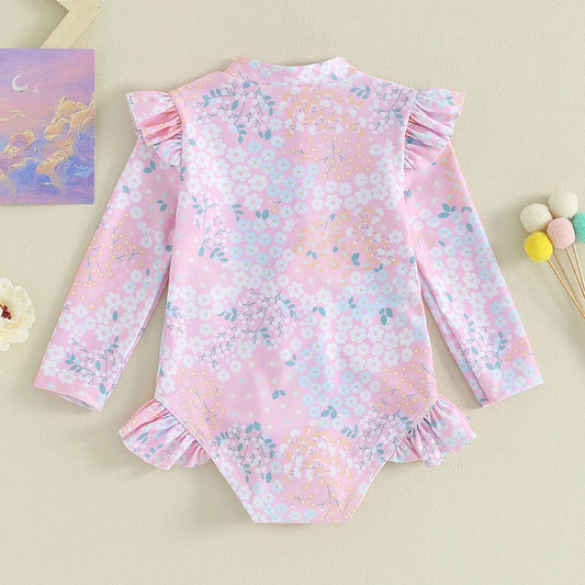 0-5Years Baby Girl Swimsuits Summer Ruffle Floral Print Long Sleeves Zipper Jumpsuit Beachwear for Toddler Bathing Wear