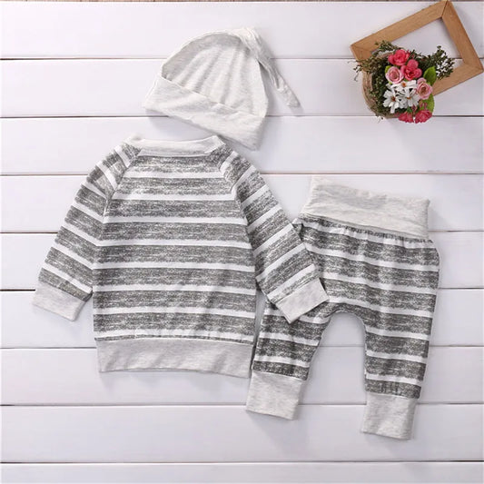 0-18months Baby Boys 3pcs Clothes Set Wide Striped Top Long Drawing Straps Elastic Band Pant Beanie Hat Outfit For Infant Boys